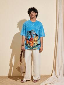 Felipe Marques Men's Animal & Plant Print Distressed Short Sleeve Loose Blue T-Shirt, Casual For Spring, Summer, Vacation, Party, Beach - Blue - View 7
