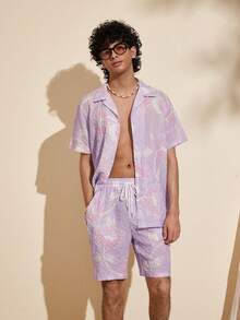 Felipe Marques Conjunto de camisa de manga corta y pantalones cortos con estampado floral y de pájaros para hombre, de corte holgado, atuendo casual para vacaciones en primavera/otoño y fiestas en la playa - Púrpura malva - Ver 6