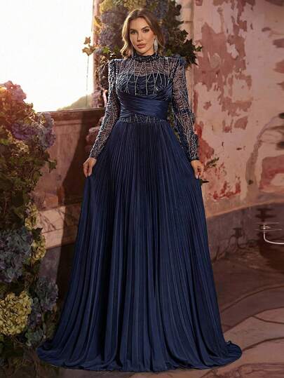 Glamrae Plus Size Elegant Romantic Coffee Color Stand Collar Long Sleeve Sheer Luxury Sequin Patchwork Satin Flared Hem Dress, Suitable For Wedding, Party, Celebration, Formal Dinner (Heavily Embellished Design)