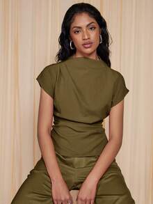 COSMINA Women's Solid Color Mandarin Collar Batwing Short Sleeve Pleated Fashionable Blouse,Summer Top - Army Green - View 5