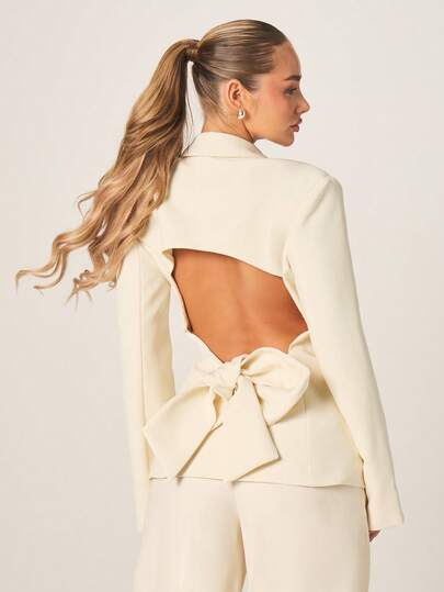 MISSGUIDED 露背领结细节翻领西装外套，纽扣闭合，贴边口袋，适合办公室专业商务正装穿着