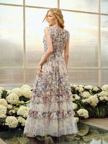 MOTF PREMIUM WOMEN'S ROUND NECK MESH PRINTED WAIST FLARED ROMANTIC LONG DRESS, SPRING/SUMMER - Multicolor - View 2