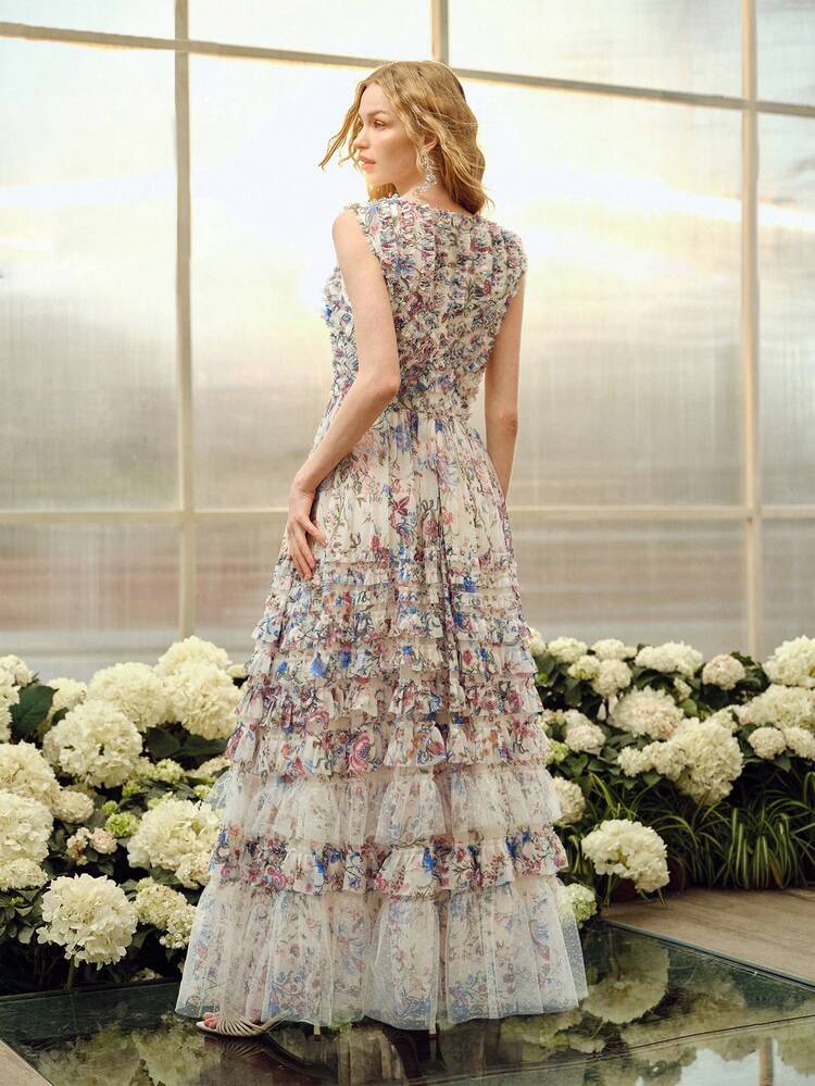 WOMEN'S ROUND NECK MESH PRINTED WAIST FLARED ROMANTIC LONG DRESS, SPRING/SUMMER