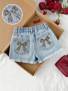 SHEIN Tween Girls' Leopard Print Bow Decor Blue Denim Frayed Hem Baggy Denim Shorts,For School, Campus, Spring And Summer,All Season Fashionable Children's Pants, Vintage Washed Denim Trousers,3D Floral Flocking Wide Leg Jeans, Rockstar 70s Jeans - Blue - View 1