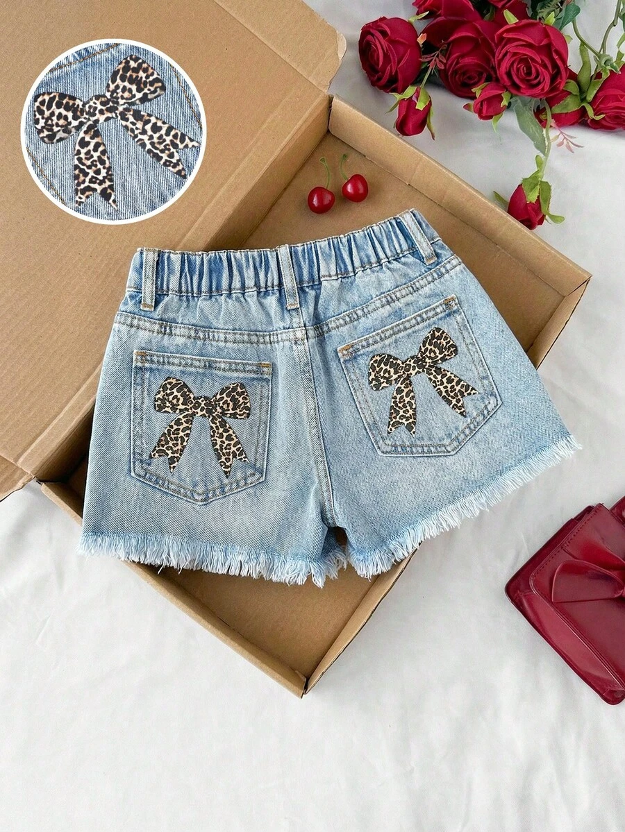 SHEIN Tween Girls' Leopard Print Bow Decor Blue Denim Frayed Hem Baggy Denim Shorts,For School, Campus, Spring And Summer,All Season Fashionable Children's Pants, Vintage Washed Denim Trousers,3D Floral Flocking Wide Leg Jeans, Rockstar 70s Jeans - Blue - View 1