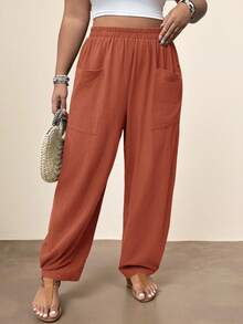 Freevana Plus Size Casual Pocket Hem Pants - Rust Brown - View 3