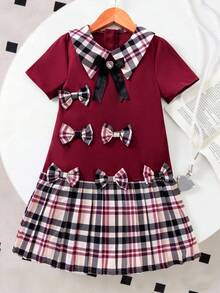 1pc Young Girl's Pleated Dress,Burgundy Summer Princess Plaid Patchwork Outfit With 3D Bow,7th Birthday Back-To-School Short Sleeve Casual Clothes - Burgundy - View 3