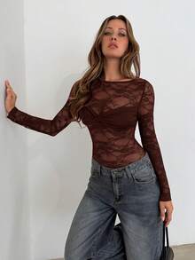 Aloruh Body de manga larga transparente con encaje de color rojo vino para Navidad - Marrón - Ver 5
