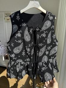SHEIN EZwear Camisa de chaleco con estampado de anacardo negro de estilo casual de vacaciones, parte superior de paisley con lazo para mujer de talla grande, nuevas llegadas de blusas de verano casuales y elegantes para mujer - Negro - Ver 7