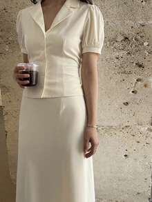 Strévra 2pcs Women Casual Collared Petal Sleeve Top And Skirt Set - White - View 1