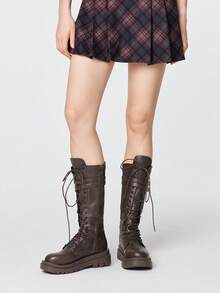 ROMWE Grunge Punk 女士高中靴 白色长靴，暗黑摇滚朋克哥特靴，皮带扣机车靴，Y2K派对主题高筒靴，学院风骑士靴 - 棕色皮面 - 查看 2