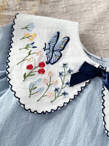 SHEIN Baby Girl Casual Floral Embroidery Peter Pan Collar Bow Decor Summer Dress - Baby Blue - View 6