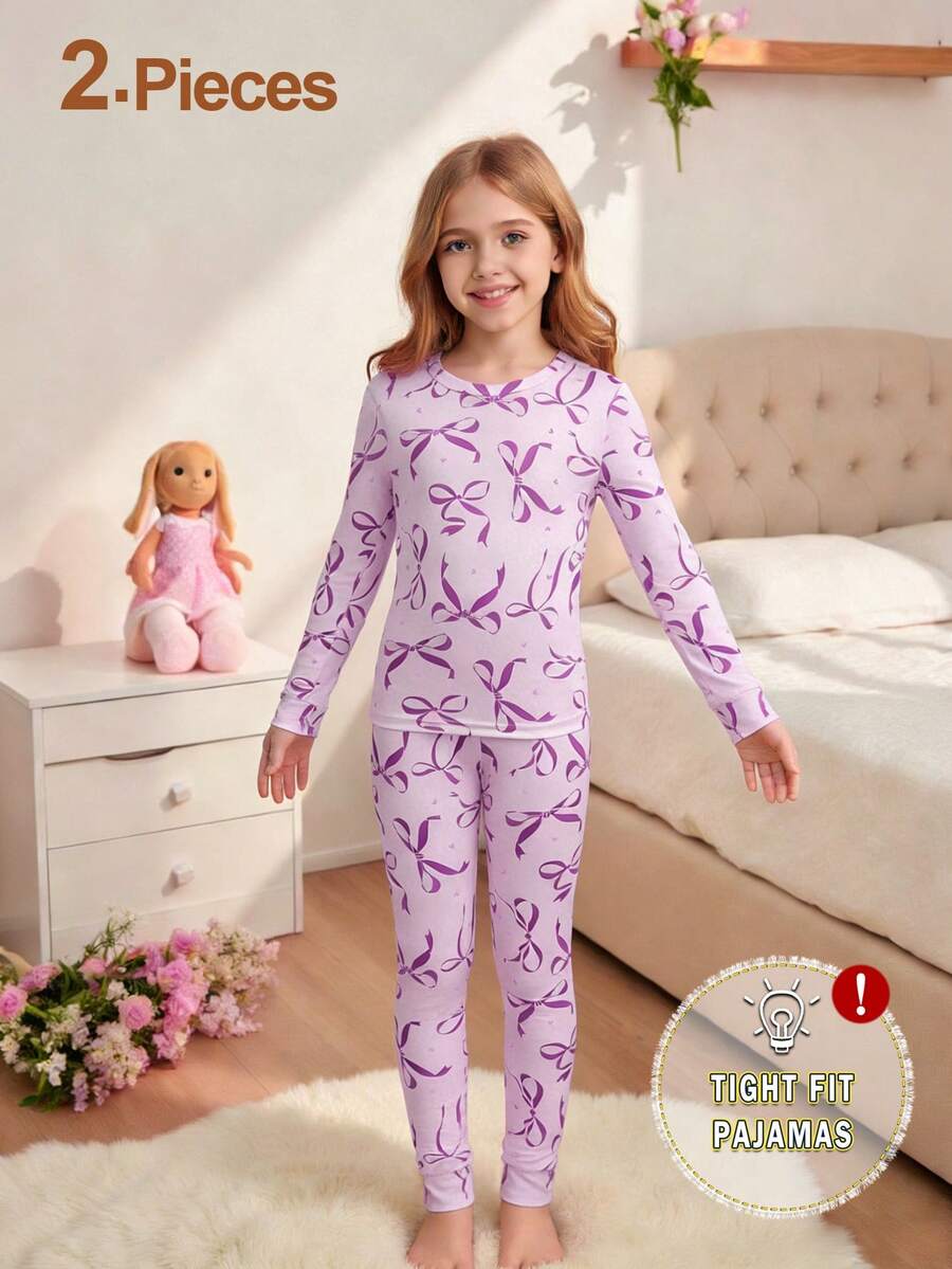 少女蝴蝶印花长袖上衣和裤子睡衣套装 - 淡紫色 - 查看 1