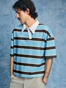 ROMWE MEN Casual Áo thun nam tay ngắn kẻ sọc cổ lệch vai, kiểu dáng thường ngày - Màu xanh lam - Xem 7