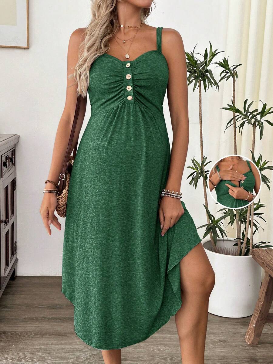 Cheriluna Maternity Áo hai dây cho con bú đơn giản, màu trơn dành cho nữ, mặc hàng ngày. - màu xanh lá - Xem 1