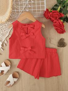 SHEIN Ensemble débardeur et short en tissu texturé de couleur unie, décontracté pour jeune fille en été, pour les vacances et les déplacements - Rouge - Voir 7