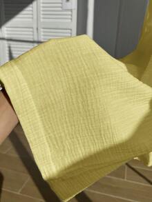 SHEIN EZwear Quần ống rộng dáng suông, màu trơn, chất liệu vải nhăn, có dây rút, thích hợp cho kỳ nghỉ hè, cỡ lớn. - Màu vàng ngỗng - Xem 8