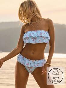 Aralina Summer Resort Vacation Beach Western Ruffle Pink Floral Bandeau Strapless Bikini Set With Swim Bag - Baby Blue - View 1