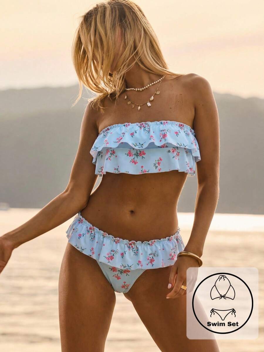 Aralina Summer Resort Vacation Beach Western Ruffle Pink Floral Bandeau Strapless Bikini Set With Swim Bag - Baby Blue - View 1