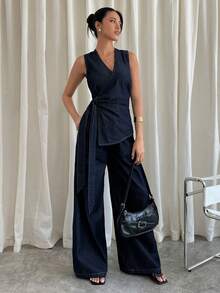 Siren Gaze Women's Criss-Cross V-Neck Tie Waist Vest And Wide Leg Jeans Set - Dark Wash - View 7