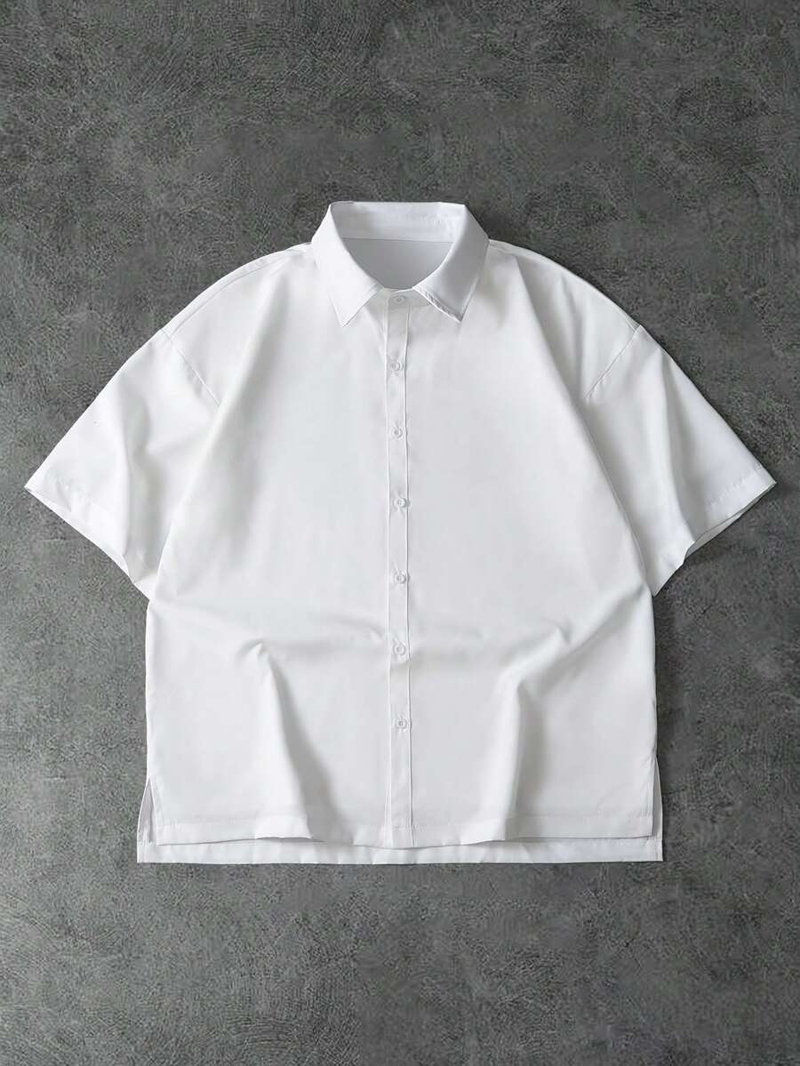 PAVTROS 宽松男士开衩落肩衬衫，适合秋季 - 白色 - 查看 1