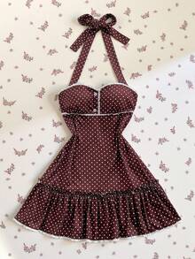 Elamini Women's Brown Polka Dot Summer Strapless Tie-Up Splice Ruffle Hem Sexy Sweet Retro Vacation Style Mini Dress - Brown - View 6