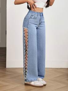 SHEIN PETITE 女士高腰口袋仿珍珠链条镂空阔腿牛仔裤 - 藍色 - 查看 1