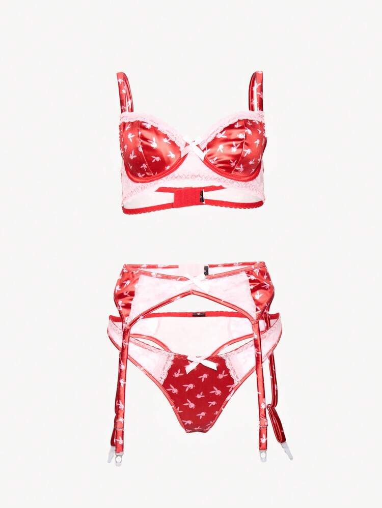 Missguided x Playboy Bunny Print Lace Trim Underwire Padded Bra With Matching High Waisted Garter Belt Panty Set Valentine's Day