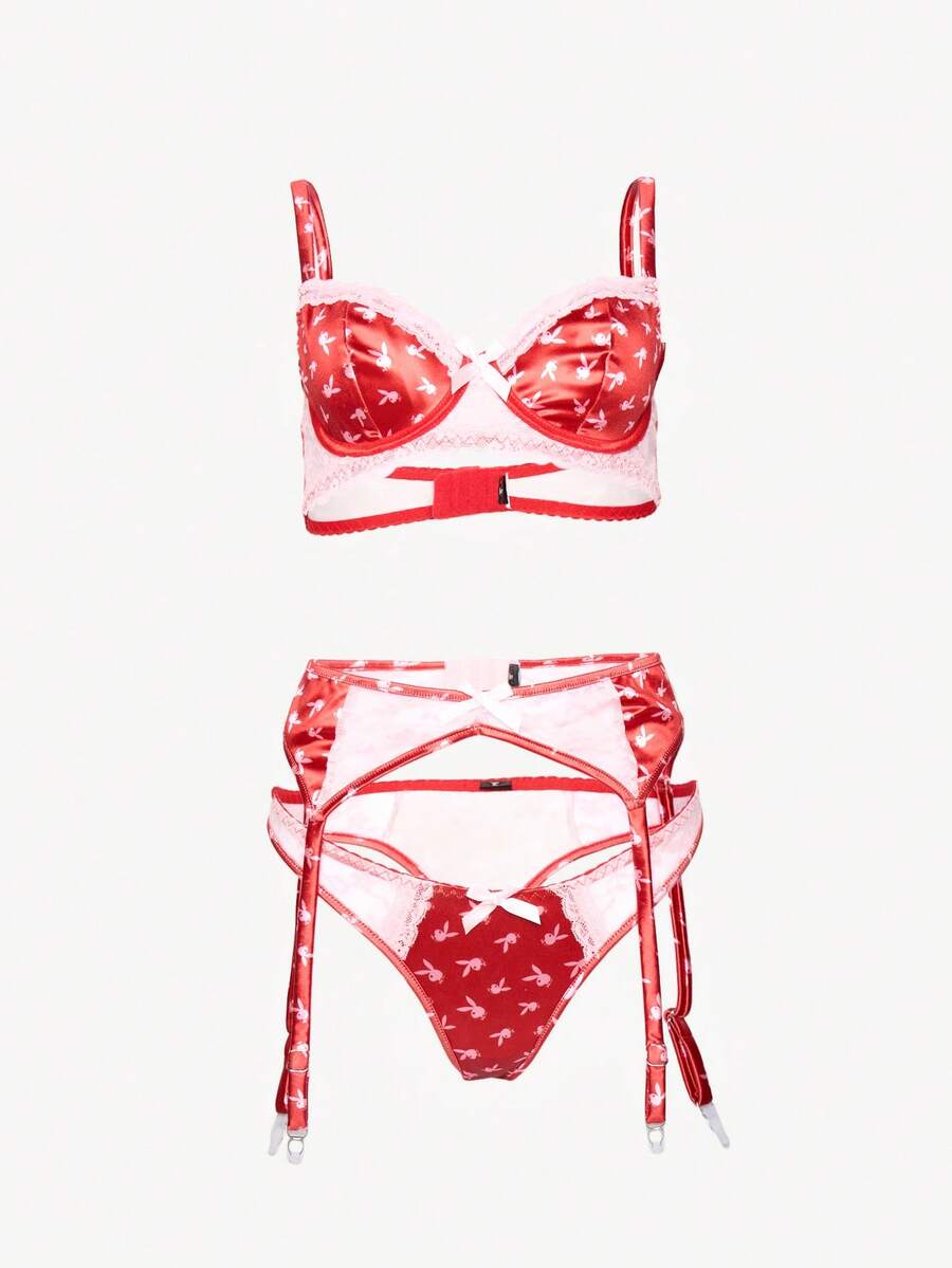 Missguided x Playboy Bunny Print Lace Trim Underwire Padded Bra With Matching High Waisted Garter Belt Panty Set Valentine's Day - Multicolor - View 1