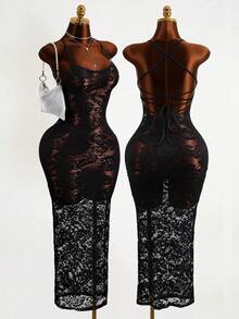 Mistrie Vestido largo de encaje floral negro - Tirantes delgados - Vestido largo transparente y sexy - Negro - Ver 1