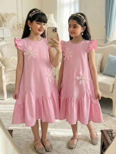 SHEIN 少女宽松优雅圆领短袖碎花连衣裙