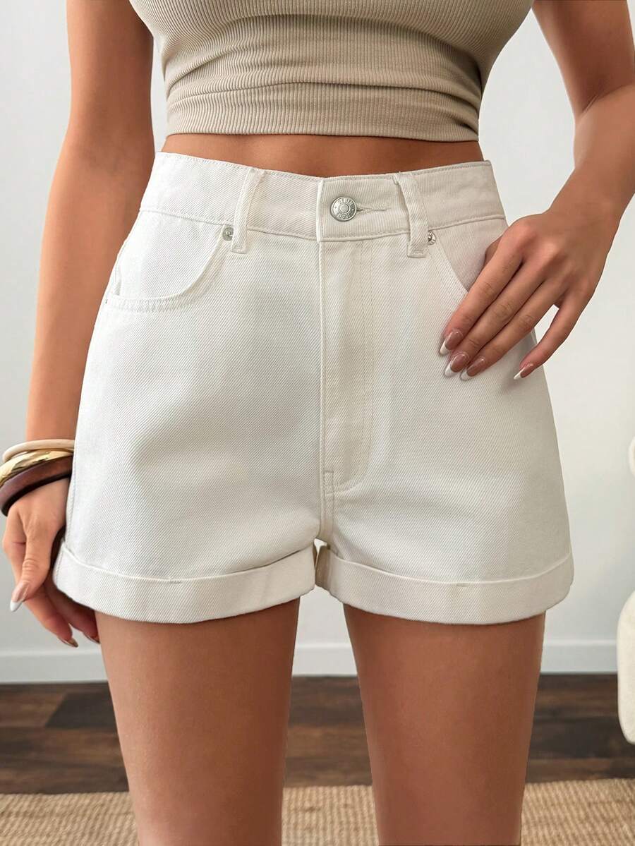 SHEIN High Waist Folded Hem White Denim Short - White - View 1