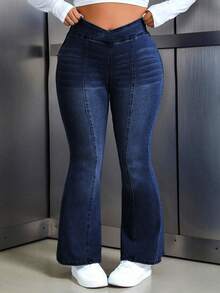 Flexra Quần jeans ống loe cạp trễ bất đối xứng cho nữ cỡ lớn - Rửa tối - Xem 10