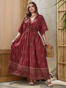 SHEIN Holidaya Plus Size Floral Print Batwing Sleeve Cotton Maxi Dress, Loose Fit Boho Style Dress - Multicolor - View 1