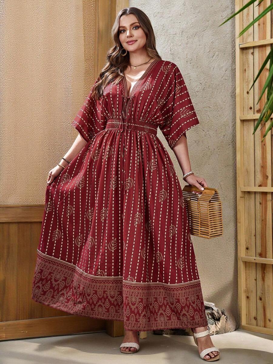 SHEIN Holidaya Plus Size Floral Print Batwing Sleeve Cotton Maxi Dress, Loose Fit Boho Style Dress - Multicolor - View 1