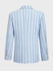 HIMLAND Chaqueta de traje de manga larga de doble botonadura a rayas y pantalones para hombre, conjunto de vestir casual para oficina y uso diario - Azul y blanco - Ver 10