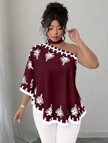 SHEIN Elenzya Áo kiểu cỡ lớn, vai lệch, cổ buộc dây, in họa tiết. - Màu Đỏ Sâu - Xem 3