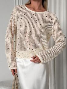 Livesso 女士休闲、假日、街头风闪亮亮片优雅新年、圣诞节、婚礼派对时尚镂空网纱薄款透明长袖露脐上衣，春夏秋季 - 米色 - 查看 3