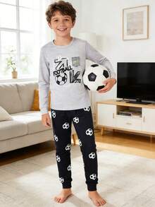 Bộ đồ mặc nhà 2 món cho bé trai, thoải mái, in chữ và hình quả bóng đá, gồm áo dài tay cổ tròn ôm sát và quần dài. - Xám - Xem 5