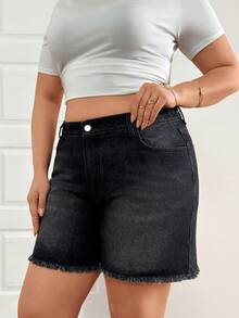 SHEIN Cottnline Plus Size Sommar Casual Tvättade Snittfickor Frayed Ned Denim Shorts - Mediumtvätt - Visa 5