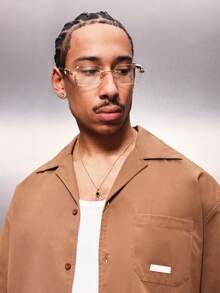 PLAYBOY X SUMWON Men's Essential Cropped Reviere Collar Short Sleeve Button Down Shirt With Bunny Logo Back Print Casual Summer Top - Brown - View 6