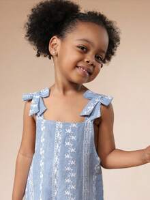 SUMWON 女童浅蓝色碎花连体衣，白色刺绣，系带肩带，夏季连体裤 - 淺藍色 - 查看 4