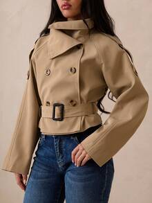 SHEIN Glamour 女士卡其色高领风衣，优雅休闲短款直筒宽松双排扣风衣，春夏款 - 卡其色 - 查看 7