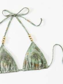 Swim SXY 3pcs Set: Tie-Dye Print Beaded Halter Top, Tie-Front Swim Bottoms, And Mini Skirt Bikini Set - Multicolor - View 3