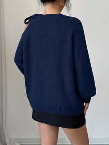 Solid Color Twist Hollow Out Casual Versatile Long Sleeve Pullover Sweater - Navy Blue - View 2
