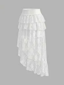 Rina Fox Women's Asymmetrical Design Lace Ruffled Y2K Mini Skirt, Sexy Denim Style, Suitable For Concerts, Parties, Spring/Summer - White - View 7