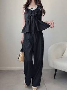 FRIFUL Women's Casual Denim Set With Knotted Design Blouse And Wide Leg Pants - Dark Grey - View 7