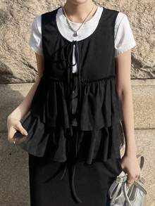 FRIFUL Women's Solid Color Short Sleeve Tie-Up Bow Mesh Patchwork Loose Casual Versatile T-Shirt, Spring/Summer - Black - View 5