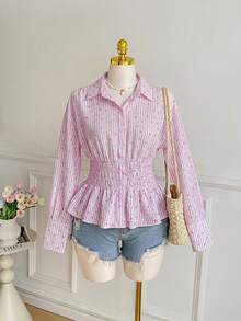 SHEIN EZwear Camisa casual de talla grande con estampado de corazones a rayas, otoño - Multicolor - Ver 5