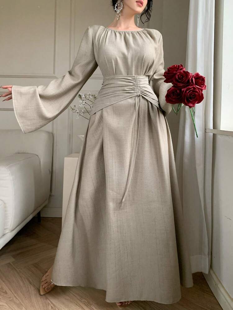 Women's Solid Color Round Neck Flare Sleeve Cinched Waist Ruched Elegant Dress Sundress